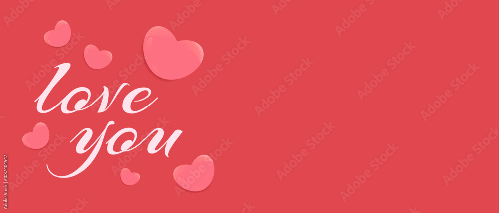 Pink heart shapes and love you text on a red background create a romantic and cheerful Valentines design, with copy space for text. Pink heart shapes and love you text on a red background create a romantic and cheerful Valentines design, with copy space for text.