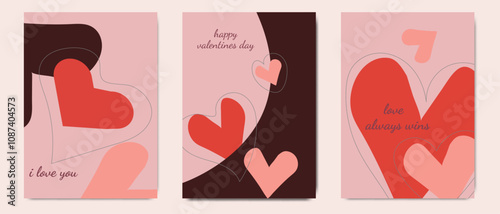 Three minimalist Valentine’s cards featuring abstract heart shapes, with text saying I love you, happy valentines day, and love always wins.