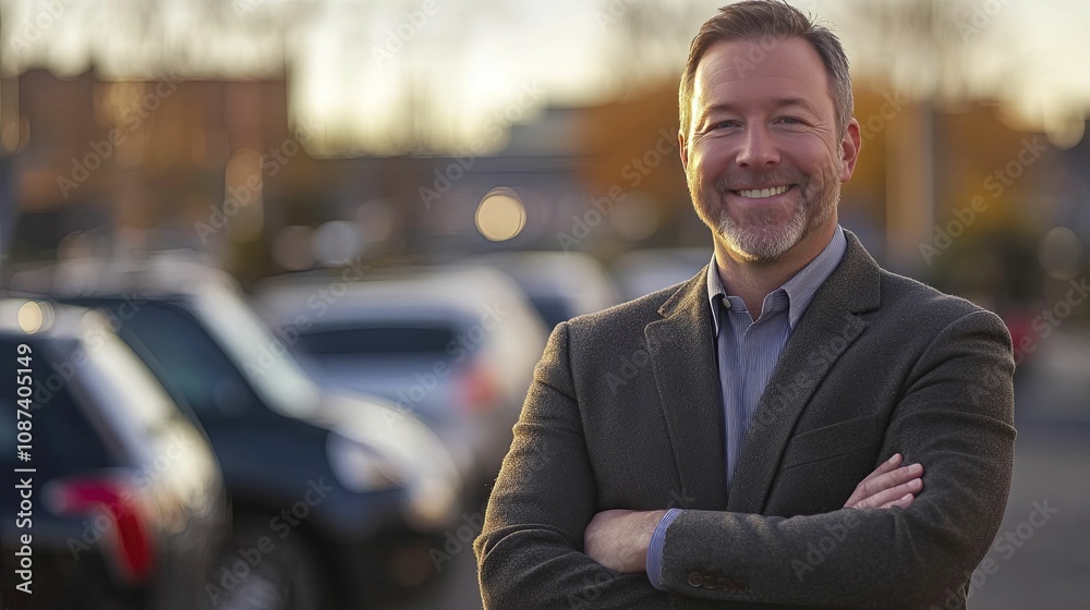 Smiling Man Posing Outdoors With Cars Blurred In Background Smiling Man Posing Outdoors With Cars Blurred In Background