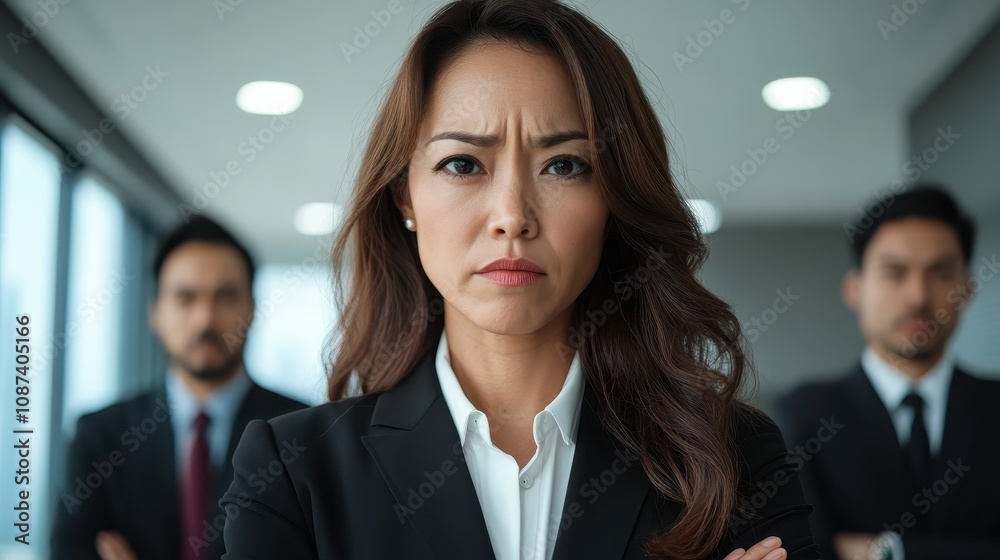 The image features a focused business leader standing in prominence, with two male colleagues behind her, symbolizing leadership and teamwork in a modern office setting. The image features a focused business leader standing in prominence, with two male colleagues behind her, symbolizing leadership and teamwork in a modern office setting.