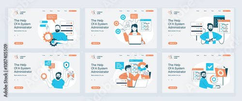 System administrator concept of landing page with slide templates set in flat design. Website headers with people monitoring server racks, do maintenance and technical repair. Vector illustrations.