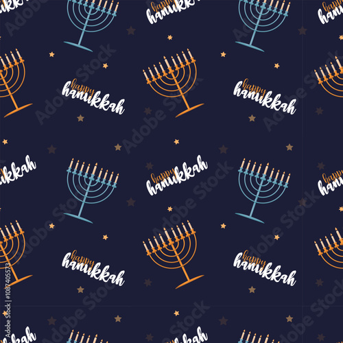 Happy Hanukkah Seamless Pattern with Menorahs traditional holiday symbols.Hanukkah background with holiday candles and David stars.