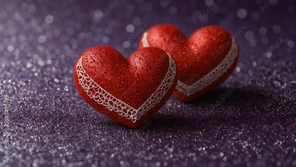 Fototapeta premium Two Soft red Hearts With Lace On Purple Glitter Background With Sparkles - Valentine's Day Concept