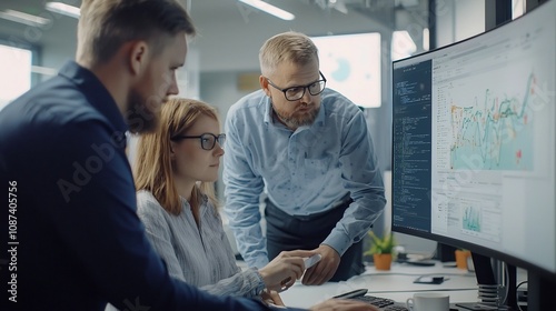 A group of professional business partners or colleagues analyzing data and monitoring a blockchain based system for transparent real time supply chain management and optimization