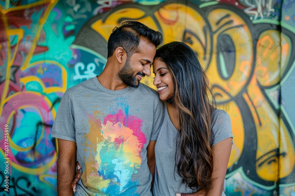 Portrait of a blissful indian couple in their 20s dressed in a casual t-shirt isolated in vibrant graffiti wall Portrait of a blissful indian couple in their 20s dressed in a casual t-shirt isolated in vibrant graffiti wall