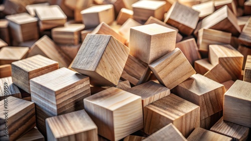 A chaotic arrangement of unpainted, wooden blocks, some with visible grain, creating a textured and organic abstract background