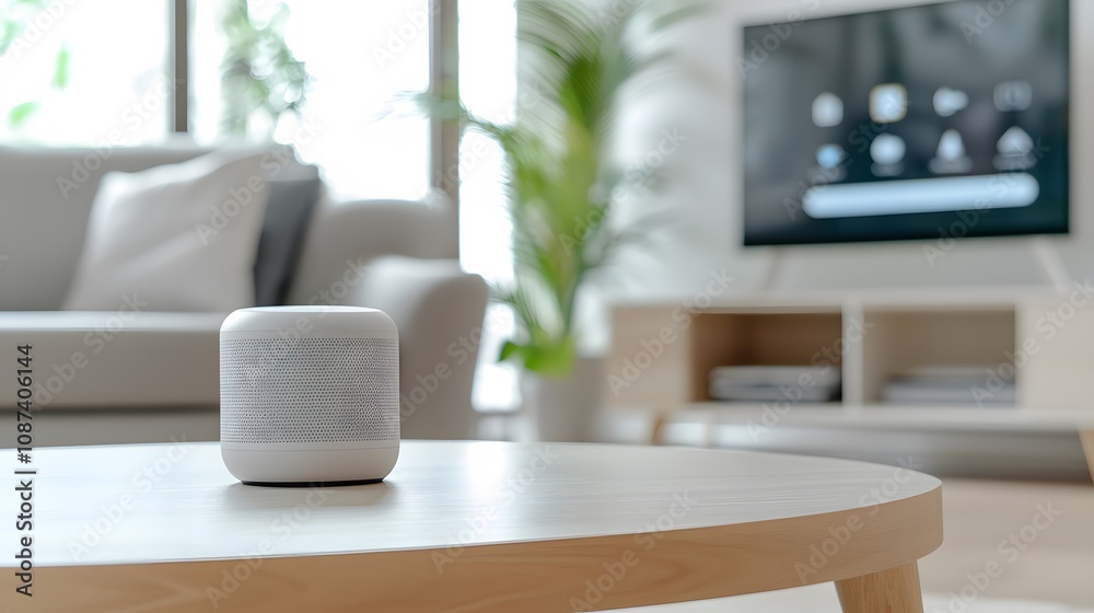 Modern Living Room with Smart Speaker on Coffee Table, Featuring Stylish Decor, Soft Couches, and Television in the Background, Perfect for Technology and Interior Design Themes Modern Living Room with Smart Speaker on Coffee Table, Featuring Stylish Decor, Soft Couches, and Television in the Background, Perfect for Technology and Interior Design Themes