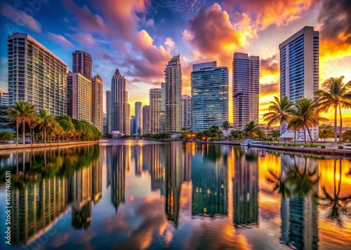 Stunning Highrise Luxury Condos Overlooking Vibrant Downtown Miami Skyline at Sunset, Showcasing Modern Architecture and Urban Lifestyle in a Tropical Paradise Setting