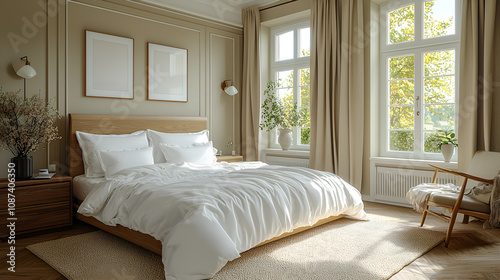 Luxurious Modern Bedroom Design: Serene Space with Wooden Accents & Natural Light