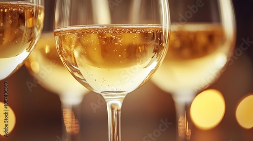 Close-up of Chardonnay glasses, soft golden light, reflections creating an elegant, warm scene photo