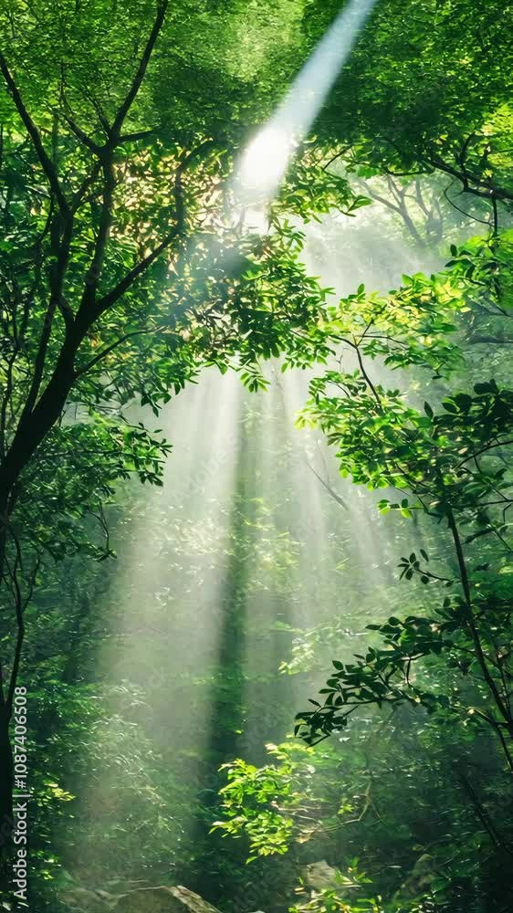 Beams of sunlight penetrate a thick forest, illuminating vibrant green leaves and branches Beams of sunlight penetrate a thick forest, illuminating vibrant green leaves and branches