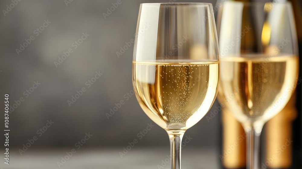 Close-up of wine glasses with Chardonnay, golden tones, soft light reflections, luxurious warm setting Close-up of wine glasses with Chardonnay, golden tones, soft light reflections, luxurious warm setting