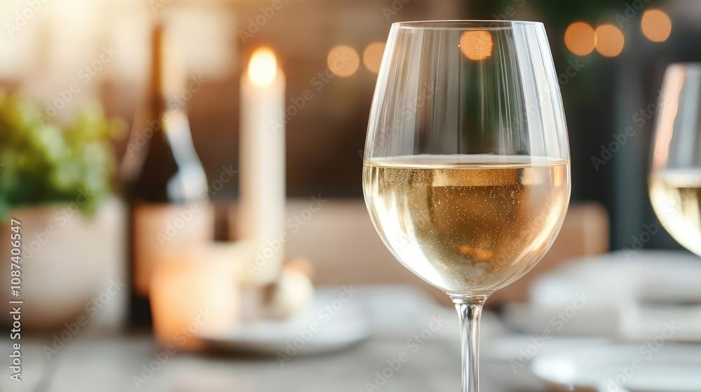 Close-up of wine glasses with Chardonnay, golden tones, soft light reflections, luxurious warm setting Close-up of wine glasses with Chardonnay, golden tones, soft light reflections, luxurious warm setting