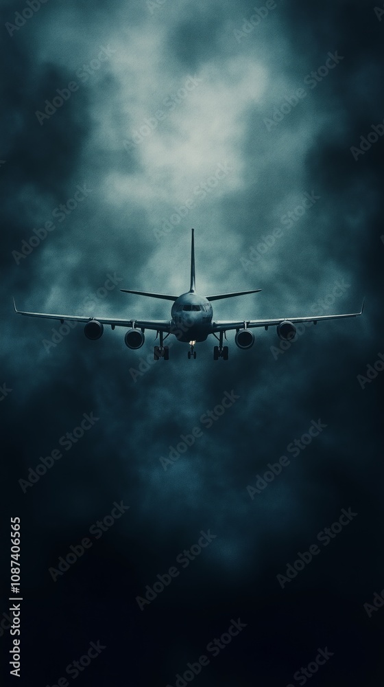 Dramatic aerial view of airplane in stormy skies with emphasis on vertical composition for atmospheric travel themes Dramatic aerial view of airplane in stormy skies with emphasis on vertical composition for atmospheric travel themes