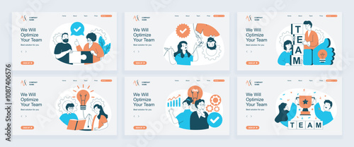 Teamwork concept of landing page with slide templates set in flat design. Website headers with people working together, solving problems, brainstorming and developing new ideas. Vector illustrations.