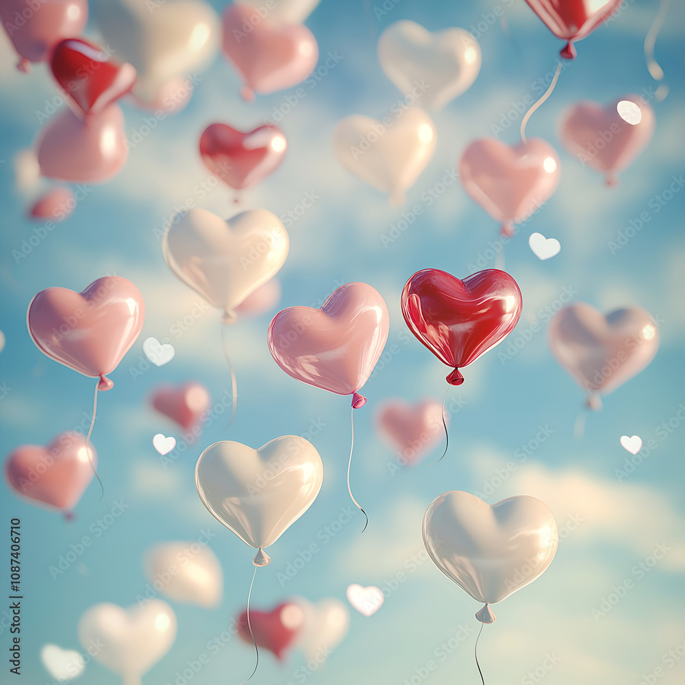 ็Heart-shaped balloons in various shades of pink, red, and white against a soft blue sky ็Heart-shaped balloons in various shades of pink, red, and white against a soft blue sky