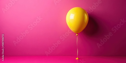 A single yellow balloon floats against a vibrant magenta background, its string gently trailing downwards, a simple yet captivating image of joy and celebration.