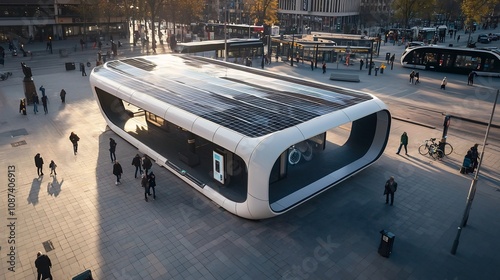A modern sustainable electric charging hub covered in solar panels stands as the centerpiece of a bustling vibrant city square