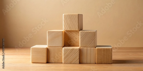 Stacked Wooden Cubes Form A Simple Geometric Pattern On A Light Brown Surface photo