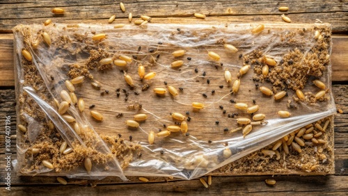 A close-up view of a plastic bag containing a collection of insect larvae, scattered on a wooden surface, revealing the texture of the larvae and the wood