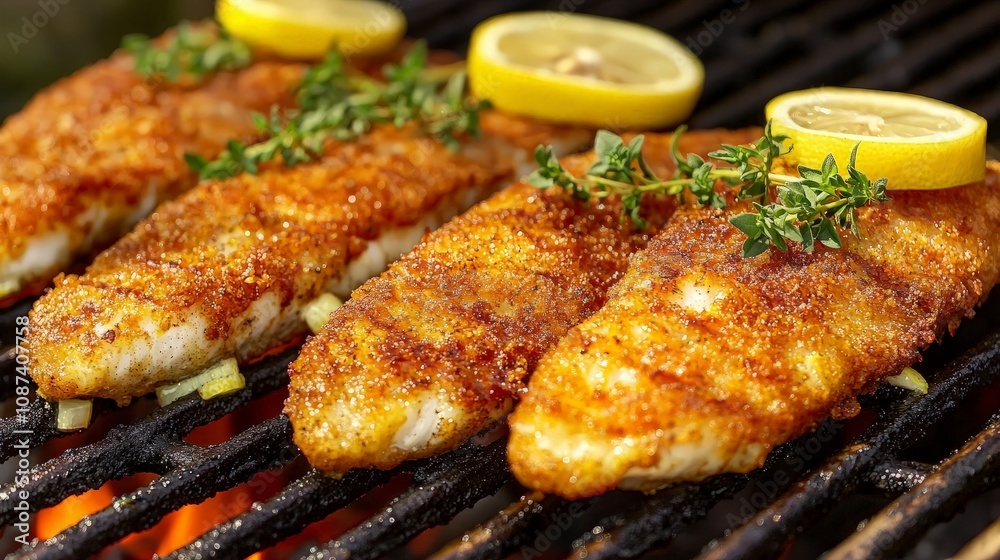 Four golden-brown fish fillets grilling on a barbecue, garnished with lemon slices and fresh thyme sprigs. Four golden-brown fish fillets grilling on a barbecue, garnished with lemon slices and fresh thyme sprigs.