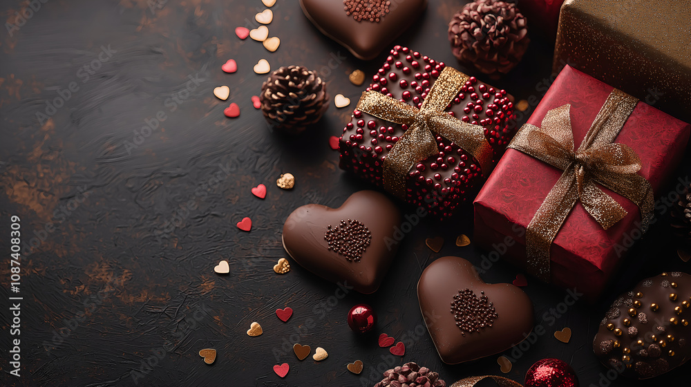 Red gift box and chocolates on old wooden floor