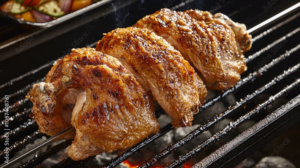 Grilled chicken pieces on a skewer, sizzling on a barbecue grill. Delicious, savory, and smoky aroma. Grilled chicken pieces on a skewer, sizzling on a barbecue grill. Delicious, savory, and smoky aroma.
