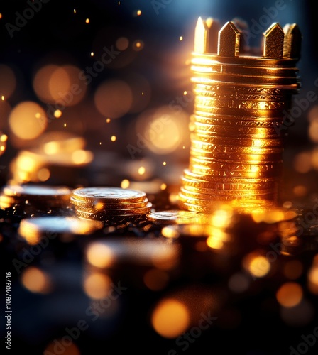 Wealth and investment concepts. Golden coins stacked with shimmering highlights, creating a luxurious and wealthy ambiance. photo