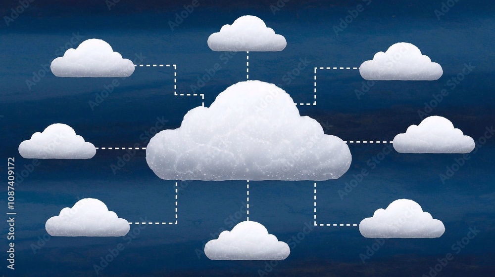 Template for text. The cloud is represented by a cartoon pattern in the center, moving from the central cloud to other clouds in a circle on a white background. Template for text. The cloud is represented by a cartoon pattern in the center, moving from the central cloud to other clouds in a circle on a white background.