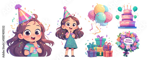 girl birthday. little lady in cap with bouquet cake gifts balloons, holiday joy purple pink yellow turquoise set vector illustration