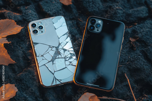 A broken, outdated smartphone sits beside a sleek, new model, symbolizing innovation and advancement photo