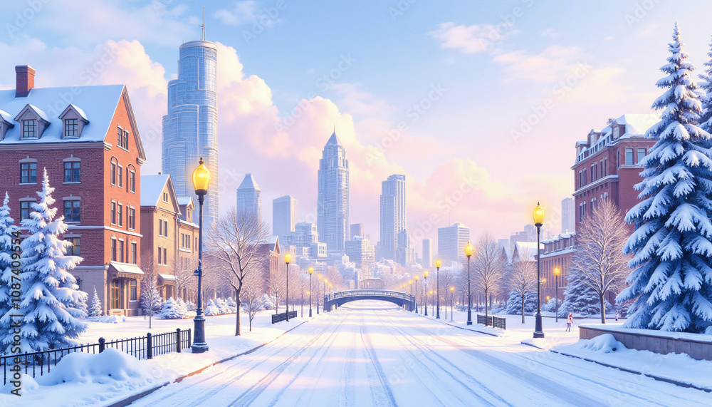 Tranquil Snowy Cityscape in Watercolor Elegance Tranquil Snowy Cityscape in Watercolor Elegance