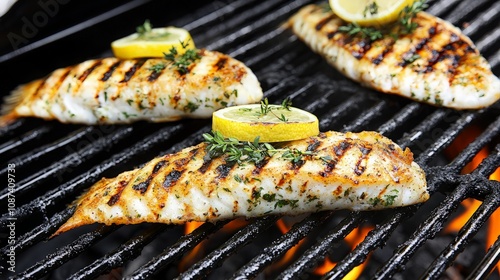 Grilled fish fillets with lemon and herbs on a barbecue grill. (1)