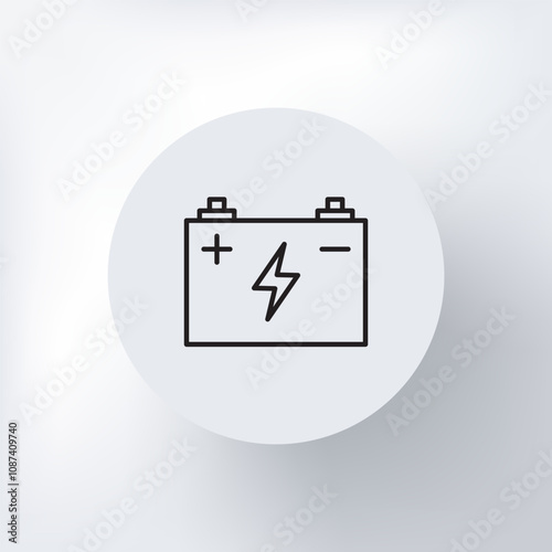 Minimalist car battery icon with plus and minus symbols in a circle on a light gray background.