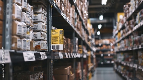 Blockchain enabled product label displaying supply chain transparency and verification data for consumers in a warehouse storage setting