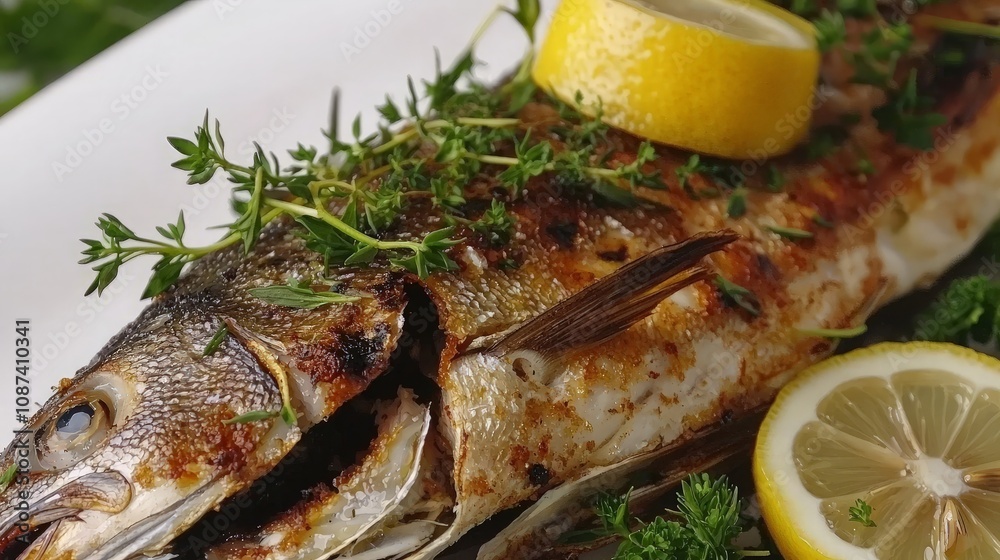 Grilled fish with lemon and herbs. Grilled fish with lemon and herbs.