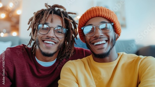 Two happy friends clad in vibrant sweaters strike a cheerful pose indoors, embodying youthful energy, joy, and effortless camaraderie among young adults. photo