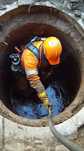 Worker in a Manhole During Sewer Maintenance