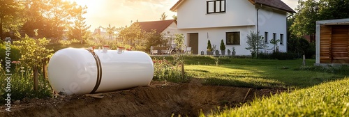 White Propane Tank In Residential Backyard