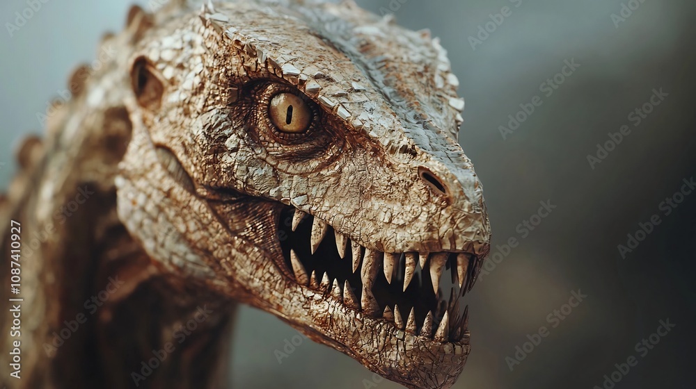 Close up 3D rendering of a fierce prehistoric looking reptilian predator with a powerful jaw sharp teeth and gritty scaly skin texture This digital captures the intense Close up 3D rendering of a fierce prehistoric looking reptilian predator with a powerful jaw sharp teeth and gritty scaly skin texture This digital captures the intense