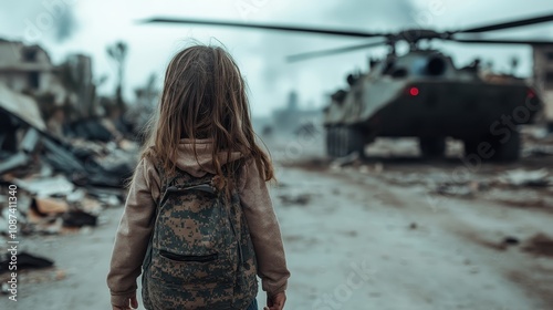 A lone child with a backpack watches a military helicopter land amidst the devastation and ruins of a conflicted area, symbolizing solitude amidst chaos and destruction. photo