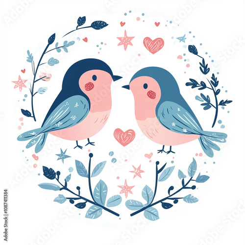 Two birds are kissing each other on a flower. The birds are surrounded by flowers and leaves. 