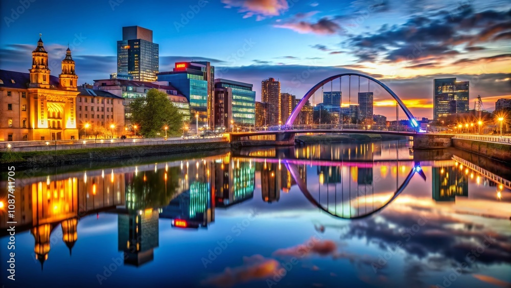 Fototapeta premium Stunning Low Light Photography of Glasgow City Skyline at Night, Showcasing Iconic Landmarks and Vibrant Reflections off the River Clyde Creating a Captivating Urban Atmosphere