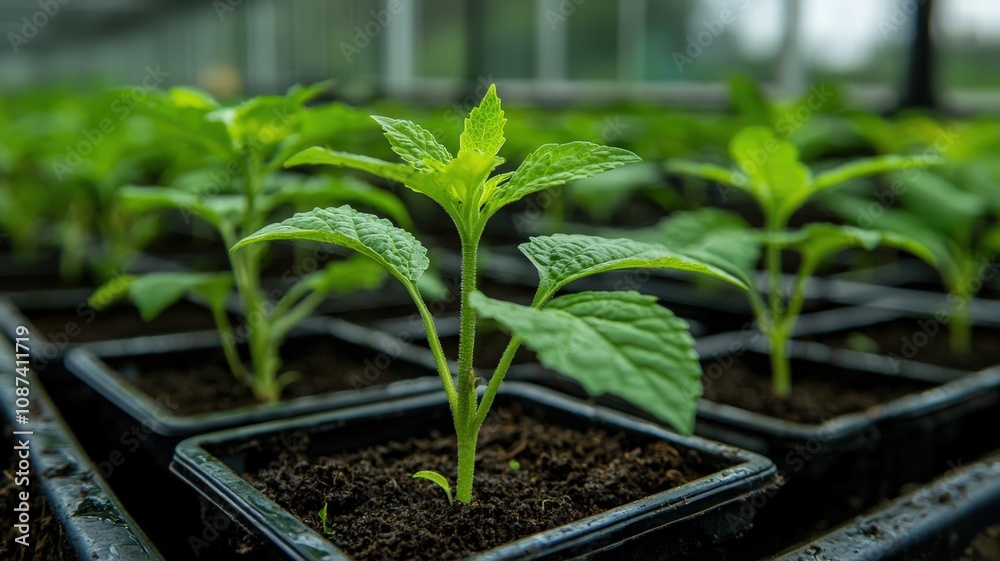 Fresh green seedlings in black pots, thriving in a nurturing environment, ready for growth and transplanting. Fresh green seedlings in black pots, thriving in a nurturing environment, ready for growth and transplanting.