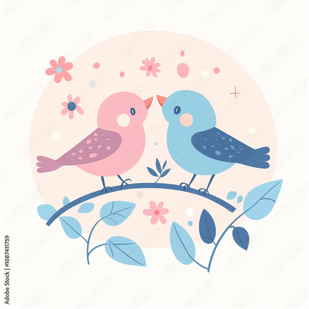 Two birds are kissing each other on a flower. The birds are surrounded by flowers and leaves.
