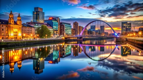 Stunning Low Light Photography of Glasgow City Skyline at Night, Showcasing Iconic Landmarks and Vibrant Reflections off the River Clyde Creating a Captivating Urban Atmosphere