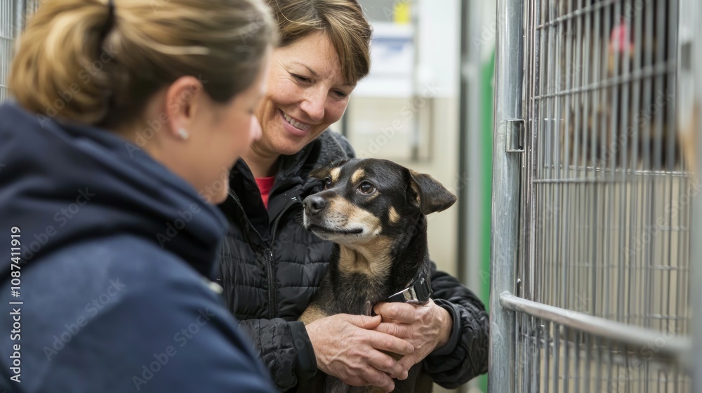 Animal shelter staff assisting an adopter with choosing a pet, showing a welcoming and friendly atmosphere Animal shelter staff assisting an adopter with choosing a pet, showing a welcoming and friendly atmosphere