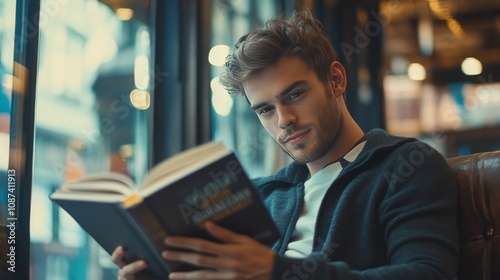 Happy Caucaisan man with takeaway caffeine beverage enjoying interesting literature plot during coffee break from remote working on blurred netbook, cheerful male student reading best sel 