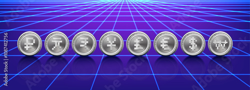 Vector set of metallic silver or platinum coins. Digital currencies of world. Nickel ruble, yuan, rupee, yen, pound, euro, dollar and won. Collection of virtual crypto payment instruments.