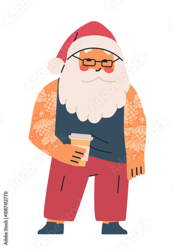 Hipster Santa Claus holding coffee cup tattoos casual outfit modern style festive theme